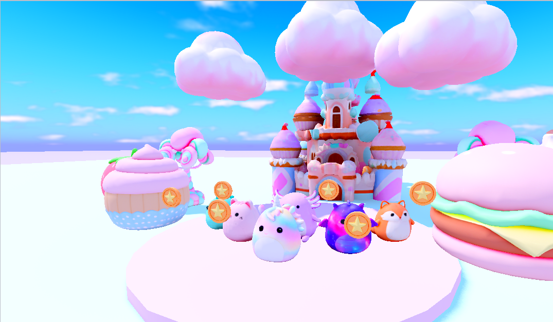 A lineup of collectible squishmallow creatures in front of the candy castle